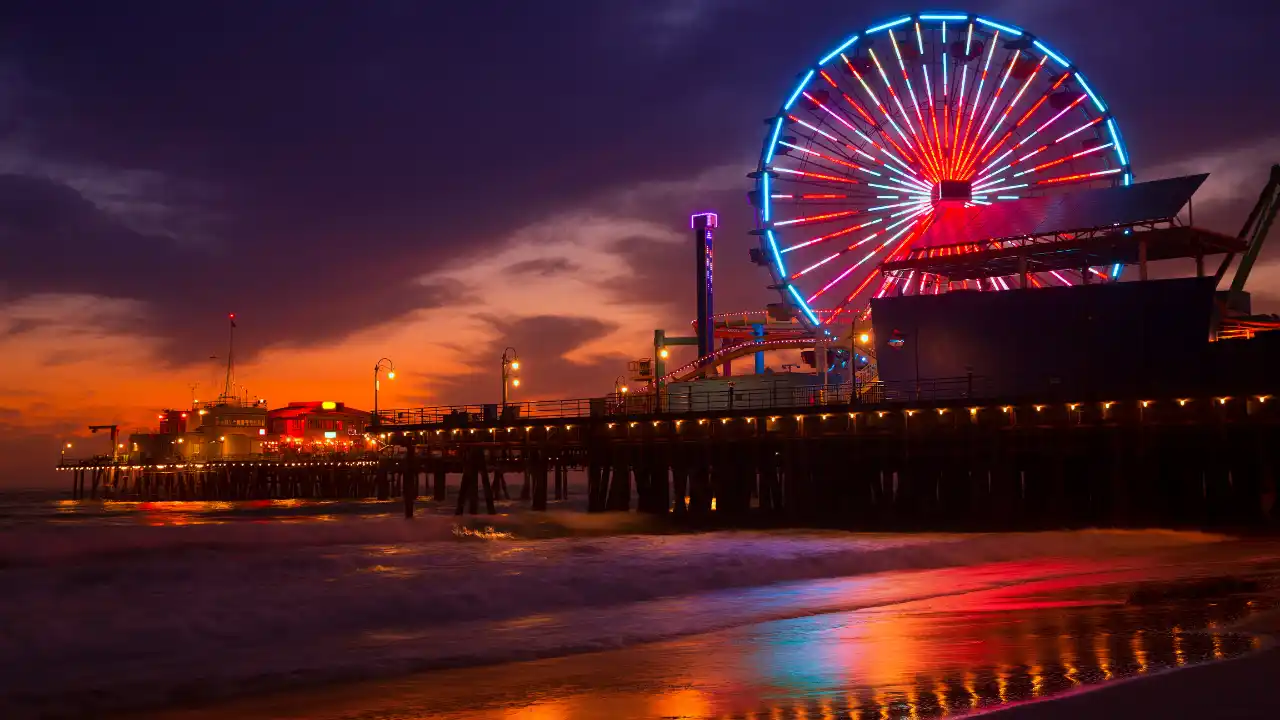 Santa Monica Pier, California view at sunset.